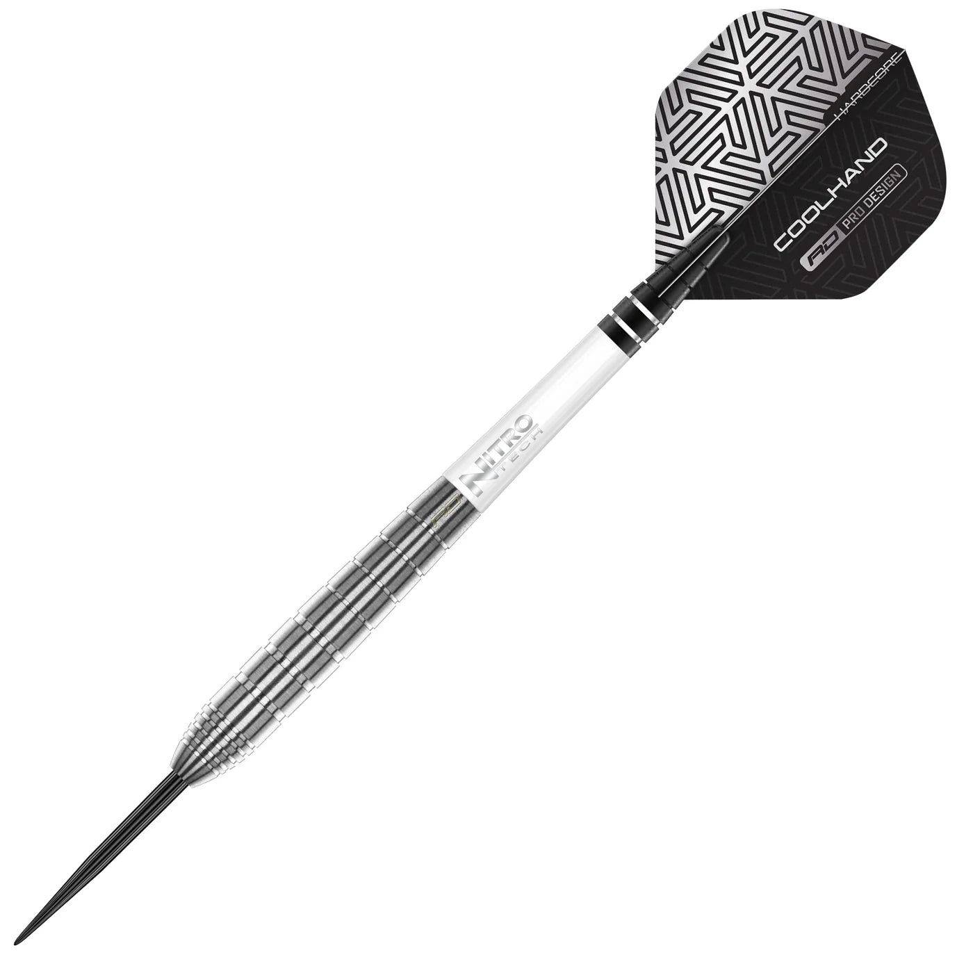 Angled full view of 90% tungsten dart showing detailed ringed barrel grip, NITRO shaft, and patterned Cool Hand TX1 flight