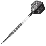 Angled full view of 90% tungsten dart showing detailed ringed barrel grip, NITRO shaft, and patterned Cool Hand TX1 flight