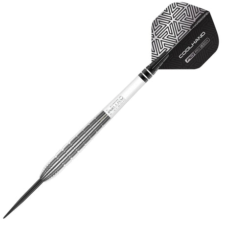 Angled full view of 90% tungsten dart showing detailed ringed barrel grip, NITRO shaft, and patterned Cool Hand TX1 flight