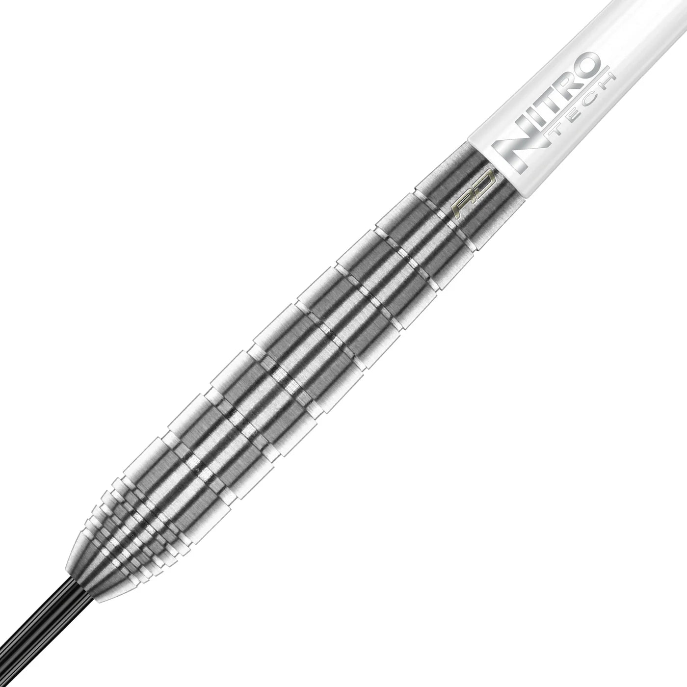 Close-up angled view of 90% tungsten dart barrel with precision grooves and Nitro Tech shaft, isolated on white background