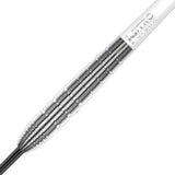 Close-up angled view of 90% tungsten dart barrel with precision grooves and Nitro Tech shaft, isolated on white background