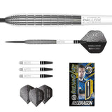 Luke Humphries TX1 90% tungsten darts set with close-up barrel grip, flights, nitro tech shafts, and retail box all on white background