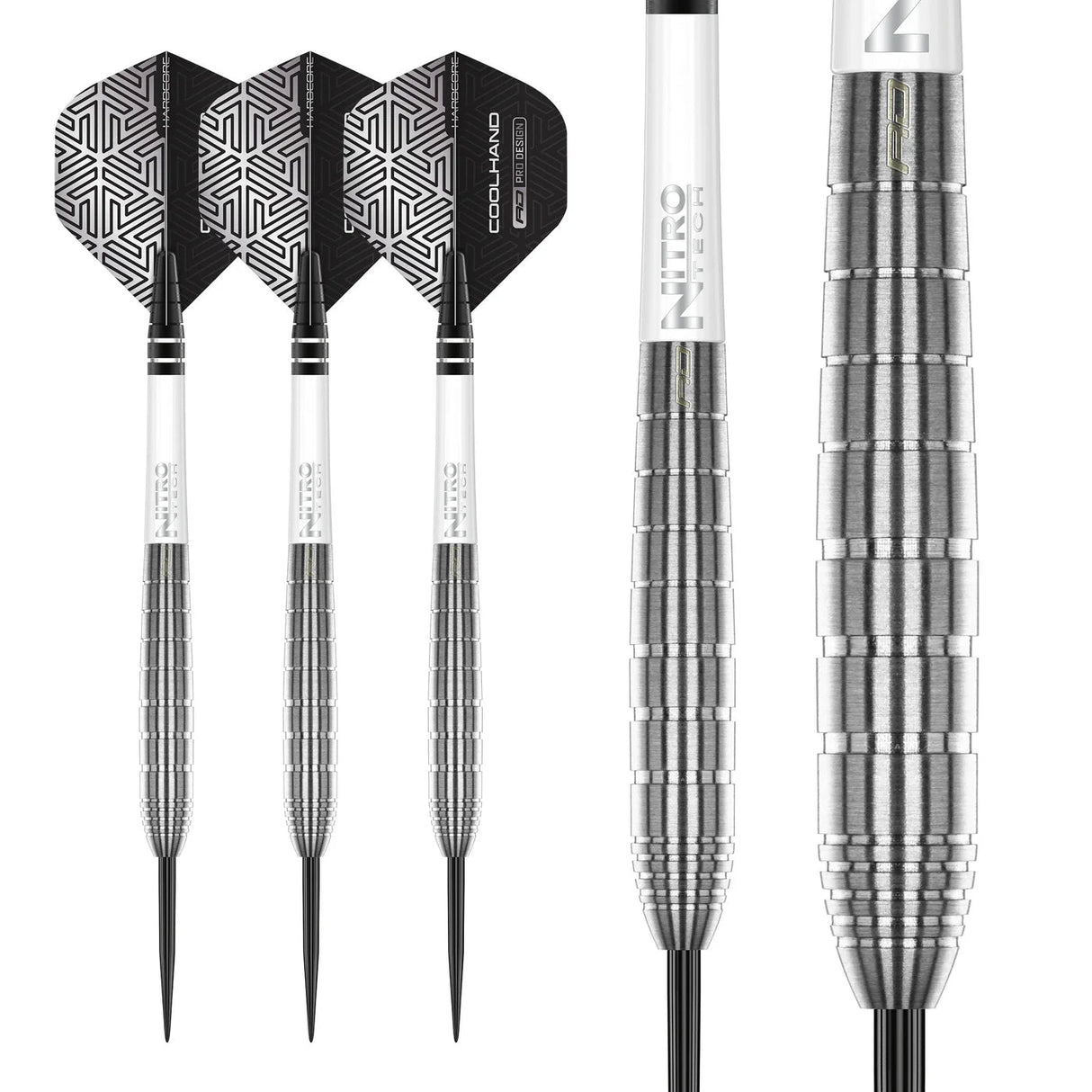 Full view of three 90% tungsten darts with black flights and barrel grip close-up highlighting precision rings for dart players