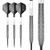 Full view of three 90% tungsten darts with black flights and barrel grip close-up highlighting precision rings for dart players