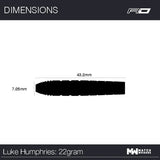 Top-down view of Luke Humphries TX1 22g dart barrel silhouette with 43.2mm length and 7.05mm diameter technical dimensions