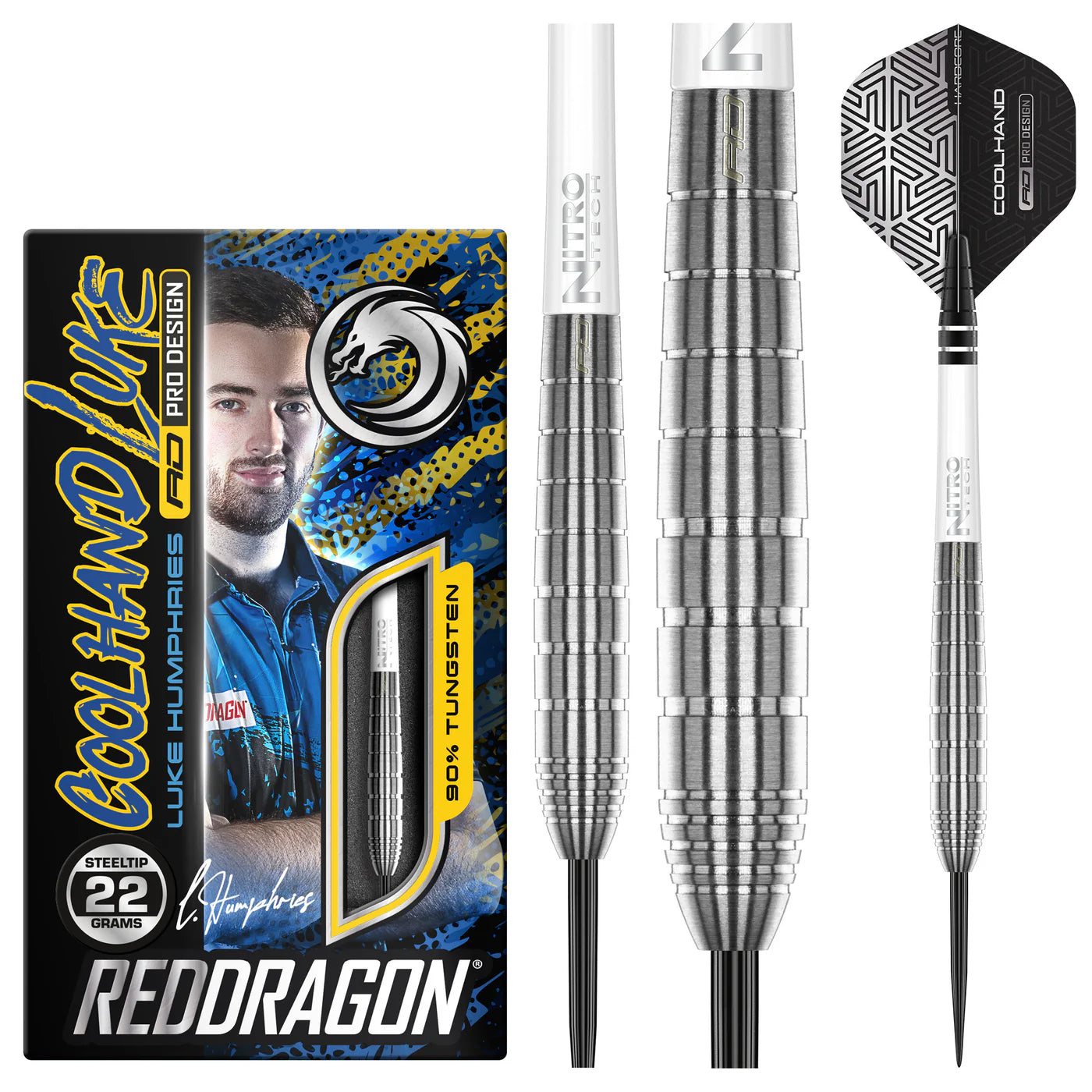 Luke Humphries TX1 90% tungsten darts packaging, close-up grip barrel, and full dart with black geometric flight, ideal steel tip setup