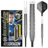 Luke Humphries TX1 90% tungsten darts packaging, close-up grip barrel, and full dart with black geometric flight, ideal steel tip setup