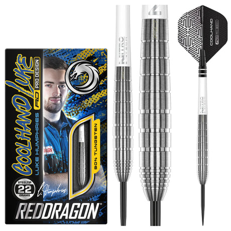 Luke Humphries TX1 90% tungsten darts packaging, close-up grip barrel, and full dart with black geometric flight, ideal steel tip setup