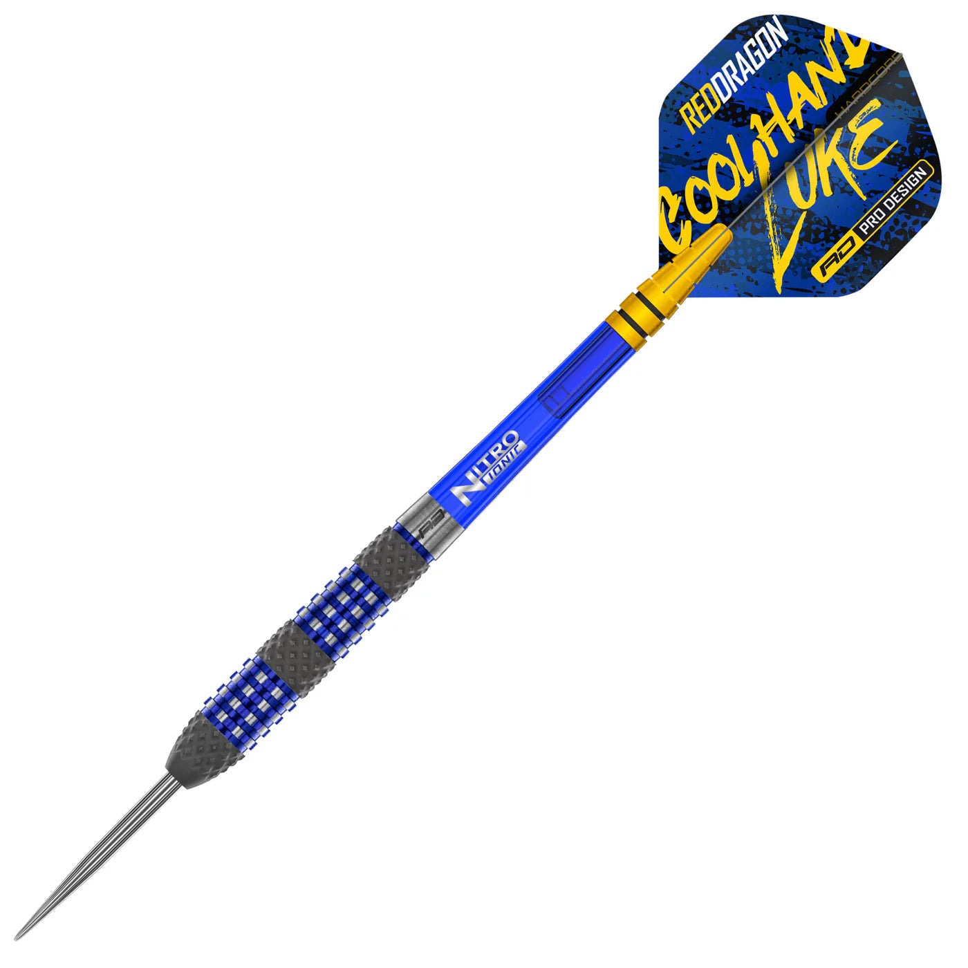 Angled full view of tungsten dart with textured grip barrel, blue Nitro shaft, Cool Hand Luke flight, isolated on white background