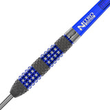 Close-up dart barrel and shaft with textured grip, blue rings, and atomised finish, isolated on white background