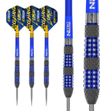 Full set of blue 90% tungsten darts with textured grip and close-up barrel detail, isolated on white background