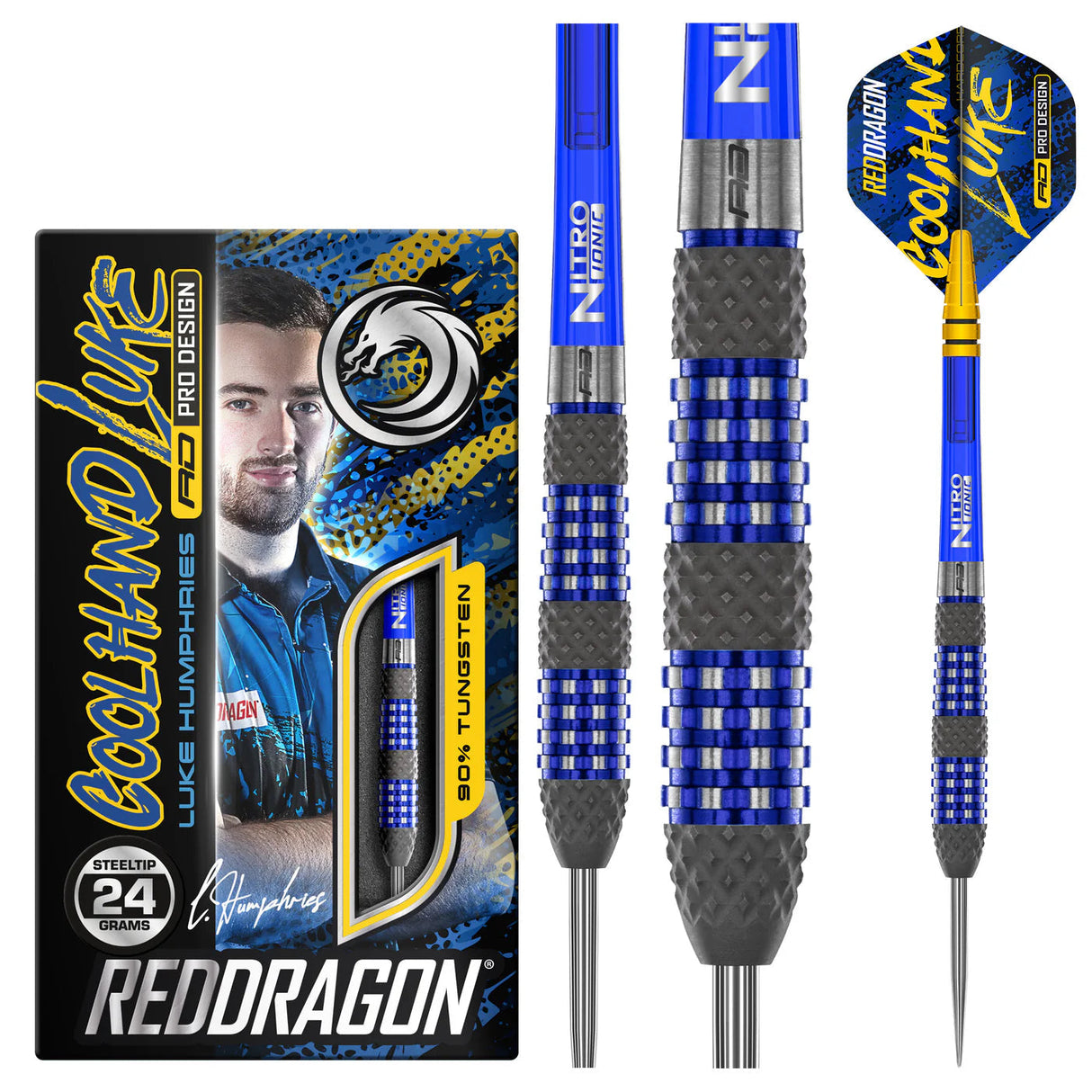 Luke Humphries TX2 90% tungsten darts boxed and isolated, highlighting textured grip, blue barrel accents, and included flights