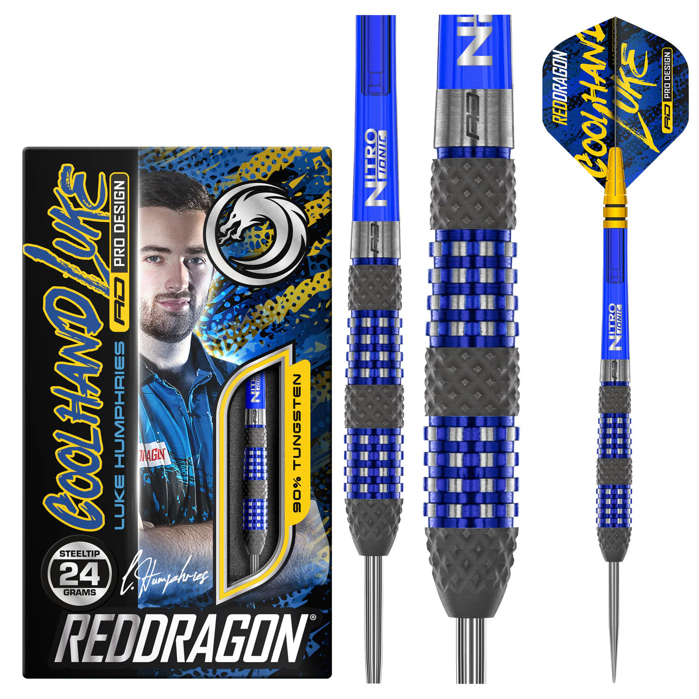 Luke Humphries TX2 90% tungsten darts boxed and isolated, highlighting textured grip, blue barrel accents, and included flights