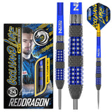 Luke Humphries TX2 90% tungsten darts boxed and isolated, highlighting textured grip, blue barrel accents, and included flights