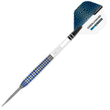 Angled full view of tungsten dart with blue ringed grip barrel, white Nitro shaft, and Cool Blue geometric flight on white background