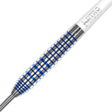 Close-up macro view of Cool Blue 90% tungsten dart barrel highlighting blue ringed grip and textured shaft, isolated on white