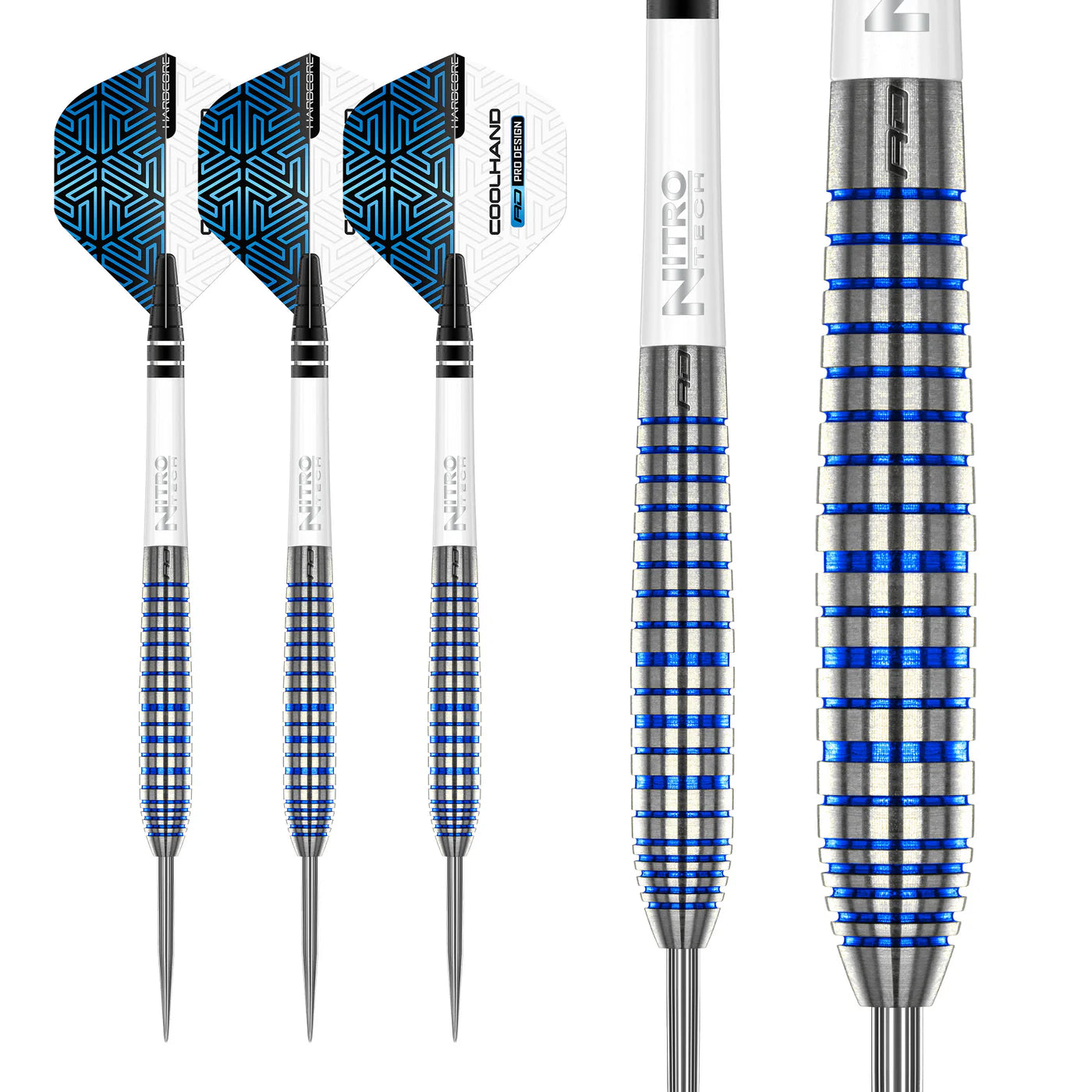 Three Cool Blue tungsten darts with blue ringed grip and patterned flights, plus close-up macro of barrel texture, on white background