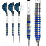 Three Cool Blue tungsten darts with blue ringed grip and patterned flights, plus close-up macro of barrel texture, on white background