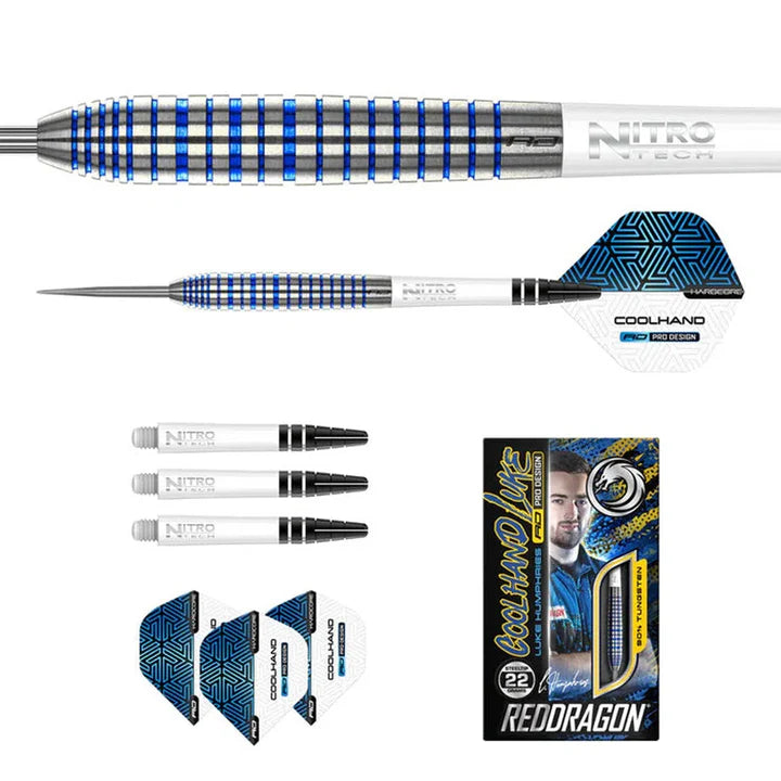 Cool Blue 90% tungsten darts set shown top-down with textured blue grip, spare shafts, flights, and retail box