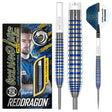 Cool Blue 90% tungsten steel tip darts in retail packaging, close-up of blue ringed grip, flight and shaft displayed