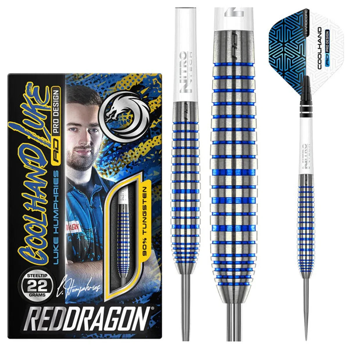 Cool Blue 90% tungsten steel tip darts in retail packaging, close-up of blue ringed grip, flight and shaft displayed