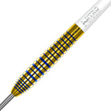 Close-up of Luke Humphries TX3 Gold SE tungsten dart barrel showing detailed gold and blue ringed grip texture