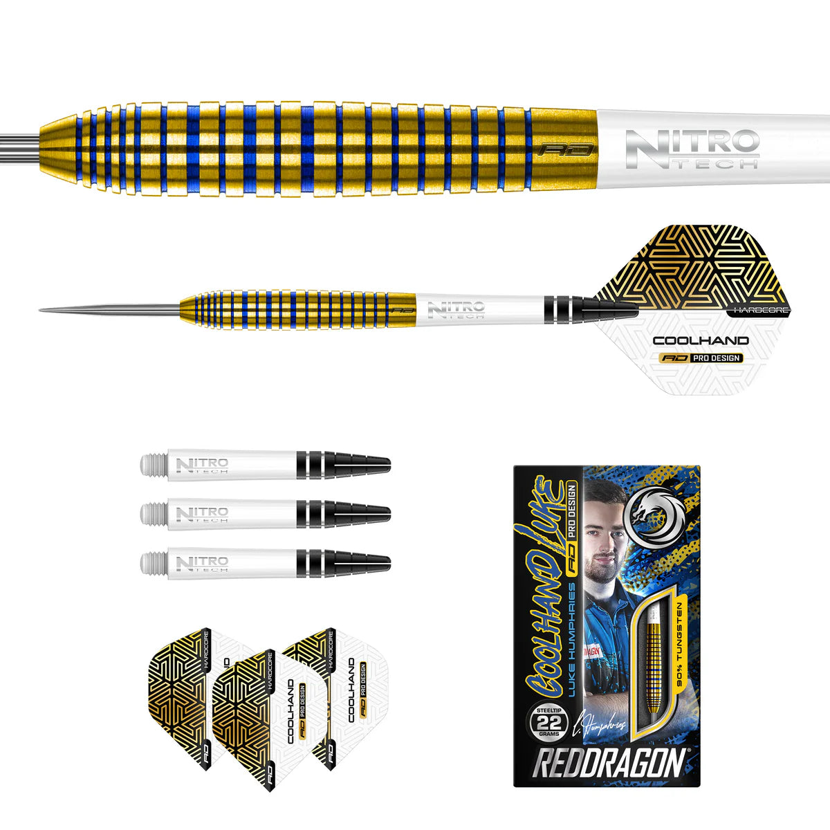 Gold and blue TX3 tungsten darts set with close-up barrel grip detail, full dart, spare NitroTech shafts, Coolhand flights, and box packaging