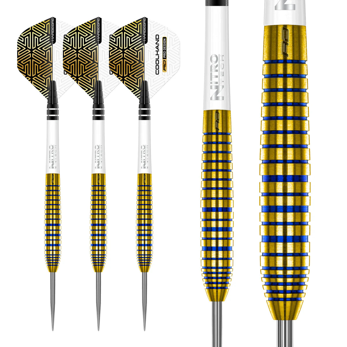 Three 90% tungsten darts on white background with close-up of gold and blue ringed barrel grip detailing