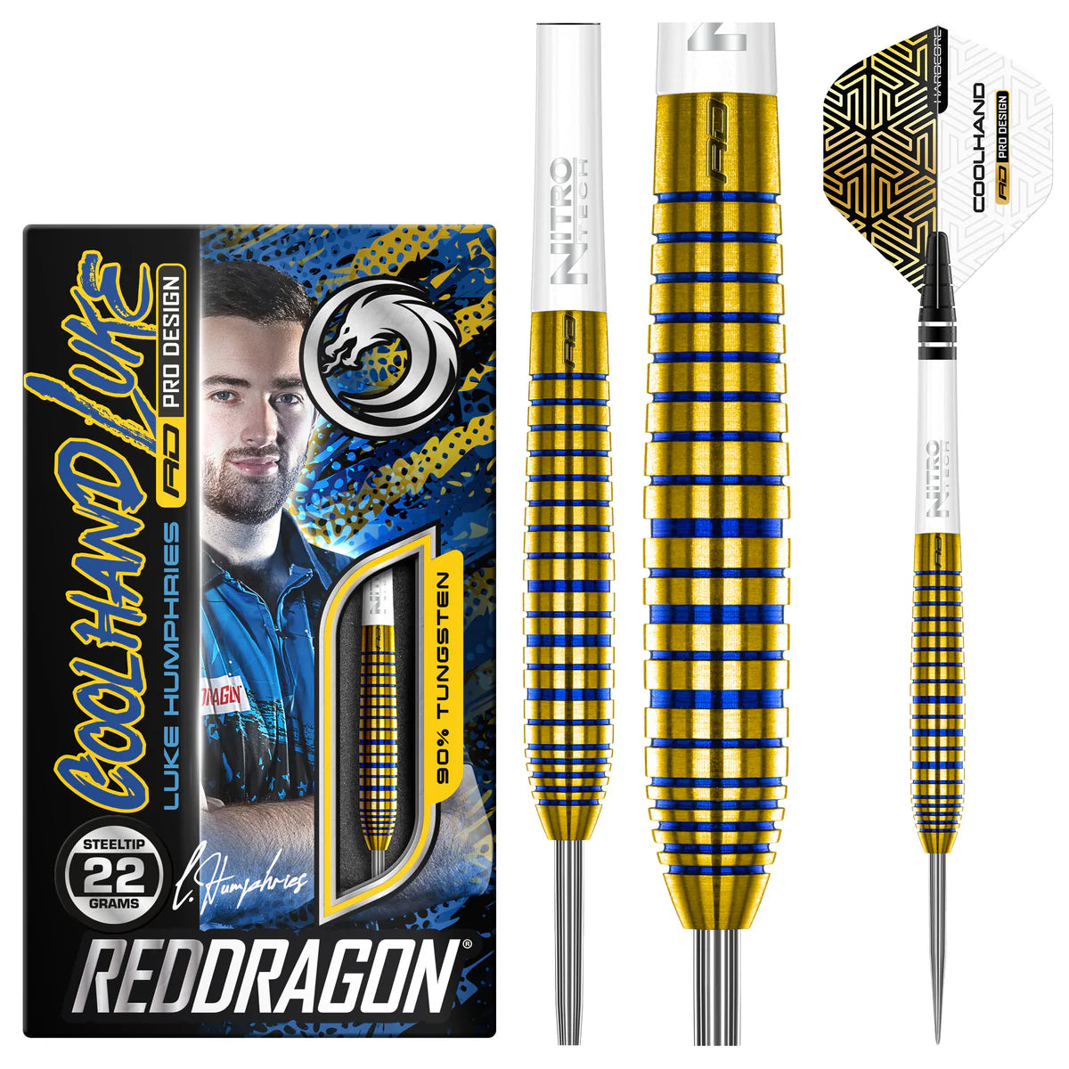 Full product view of 90% tungsten gold darts with blue ring grip, retail box, close-up barrel texture, and assembled dart with flight