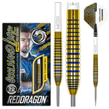Full product view of 90% tungsten gold darts with blue ring grip, retail box, close-up barrel texture, and assembled dart with flight