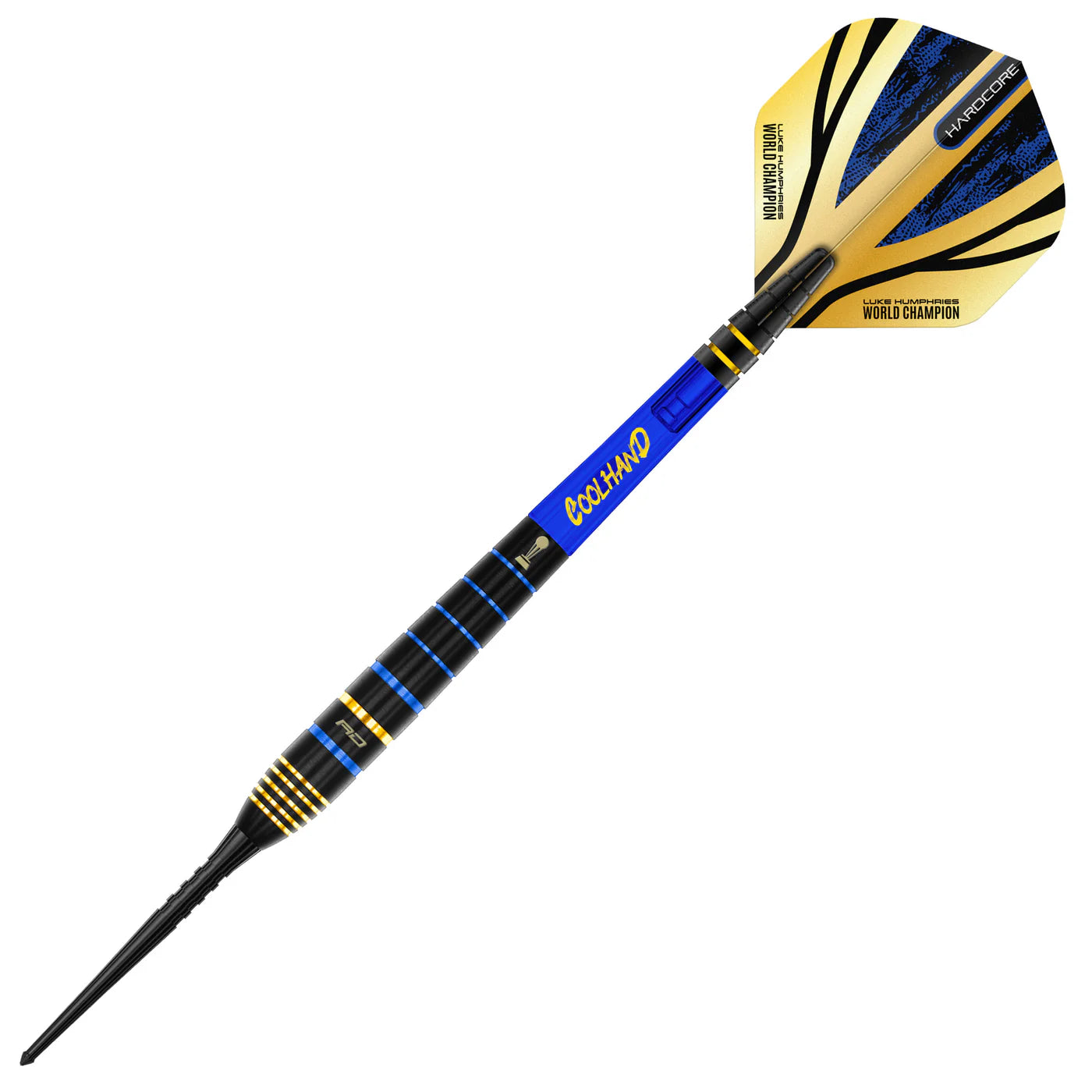 Full view tungsten dart on white background with blue ringed grip, black and gold flight, and Cool Hand branding