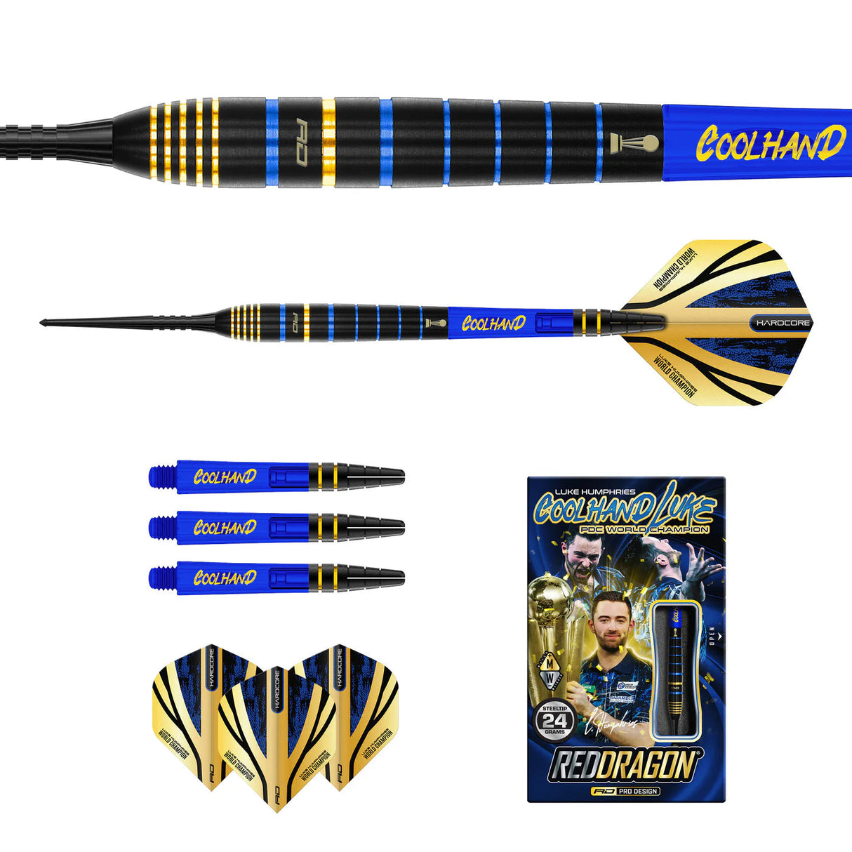 Luke Humphries TX4 Avenger tungsten darts set with close-up grip detail, blue and gold shafts, spare flights, and retail box on white background