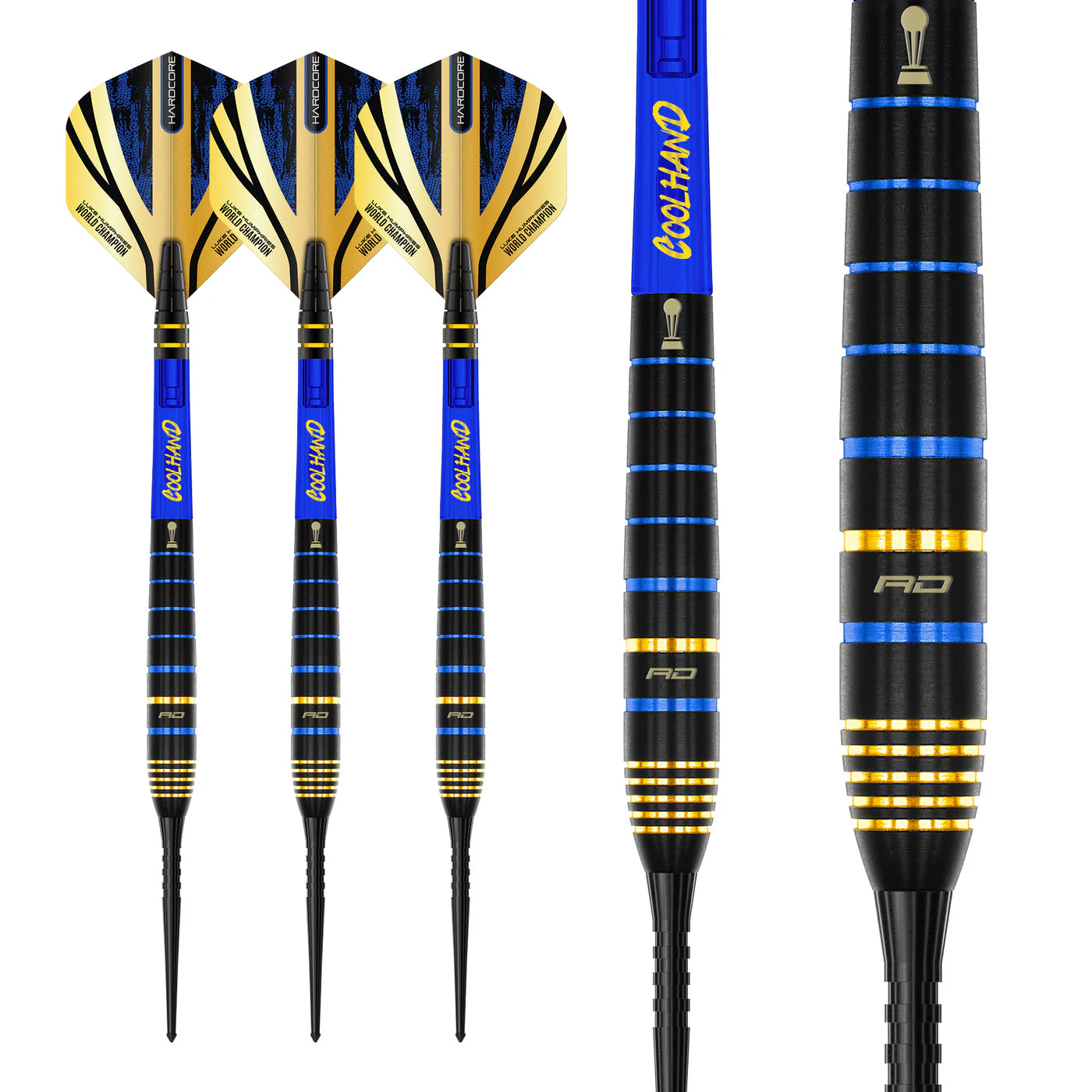 Angled view showing three 90% tungsten darts upright plus macro close-up of barrel grip, gold and blue rings, and detailed tungsten texture.