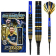 Luke Humphries 90% tungsten darts in retail packaging plus close-up of black, blue, and gold ringed barrel grip and steel tip