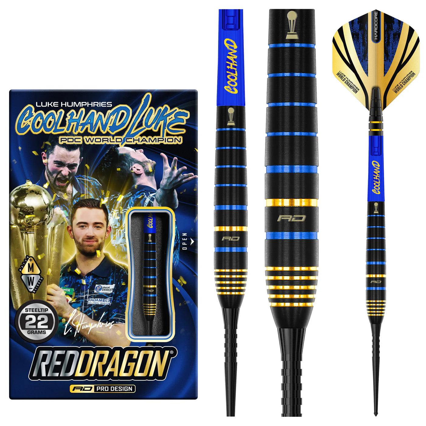 Luke Humphries 90% tungsten darts in retail packaging plus close-up of black, blue, and gold ringed barrel grip and steel tip
