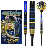 Luke Humphries 90% tungsten darts in retail packaging plus close-up of black, blue, and gold ringed barrel grip and steel tip