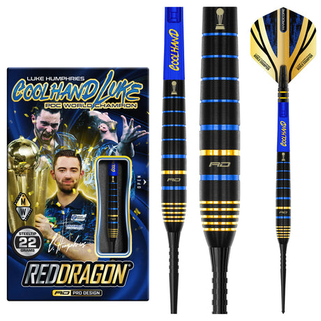 Luke Humphries 90% tungsten darts in retail packaging plus close-up of black, blue, and gold ringed barrel grip and steel tip