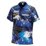 World Champion tour darts shirt full angled view, blue abstract design, sponsor logos, moisture wicking material, isolated on white