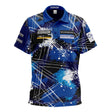 Full front view darts shirt with blue abstract design, sponsor patches, isolated on white background, professional dart apparel
