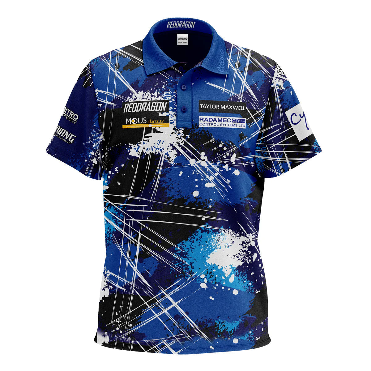 Full front view darts shirt with blue abstract design, sponsor patches, isolated on white background, professional dart apparel