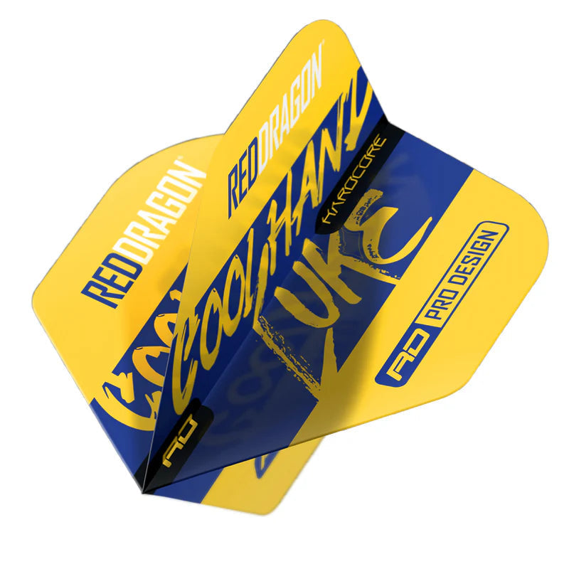 Angled close-up of three yellow Luke Humphries No.2 dart flights with blue Hardcore graphic and pro design details, isolated on white.