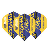 Set of three Luke Humphries yellow and blue Hardcore No.2 dart flights, pro design, displayed side by side on white background