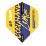 Close-up of Luke Humphries yellow dart flight with bold blue graphic, hardcore text, and pro design features on white background