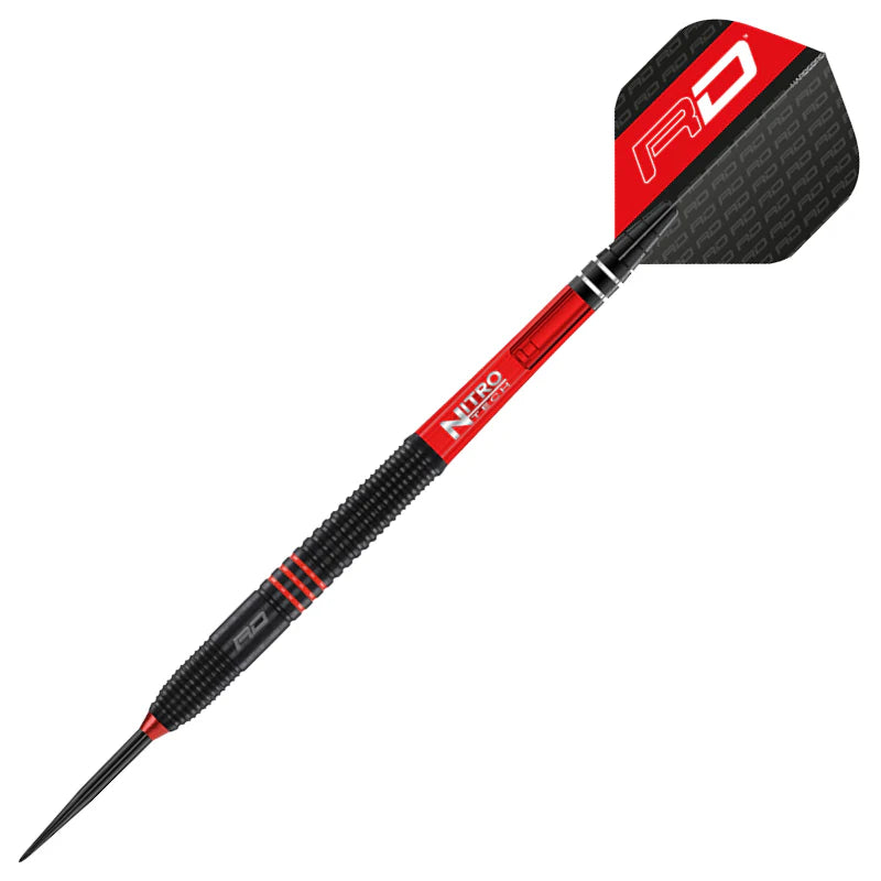 Angled view of Milano RS 0.1 tungsten dart with black grip barrel, red shaft, and RD branded flight on white background