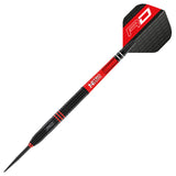 Angled view of Milano RS 0.1 tungsten dart with black grip barrel, red shaft, and RD branded flight on white background