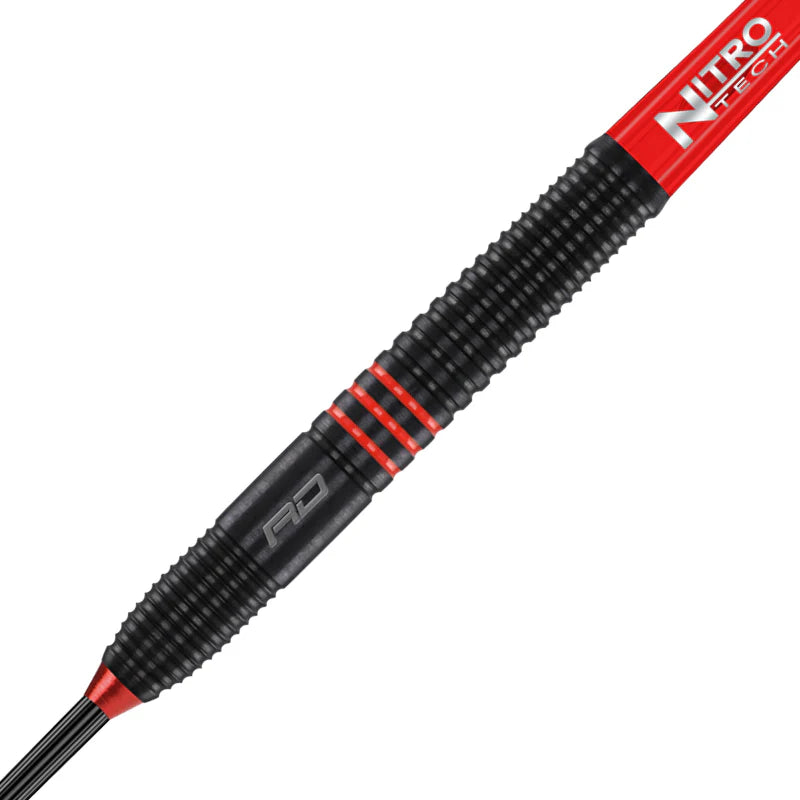 Close-up of tungsten dart barrel and grip rings with red accents, showing detailed knurling and Nitro Tech shaft on white background