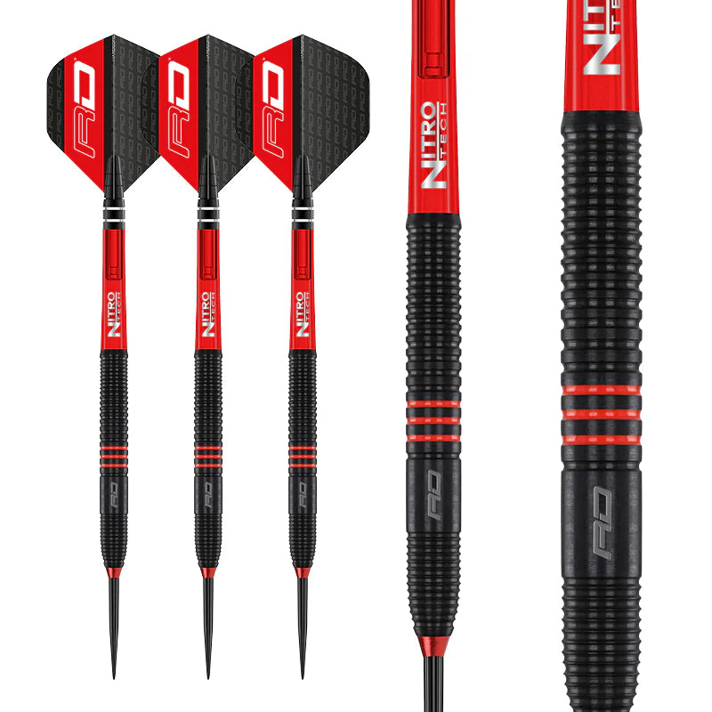 Tungsten darts set full view and macro close-up, black grooved grip, red accents, textured flights, isolated on white background