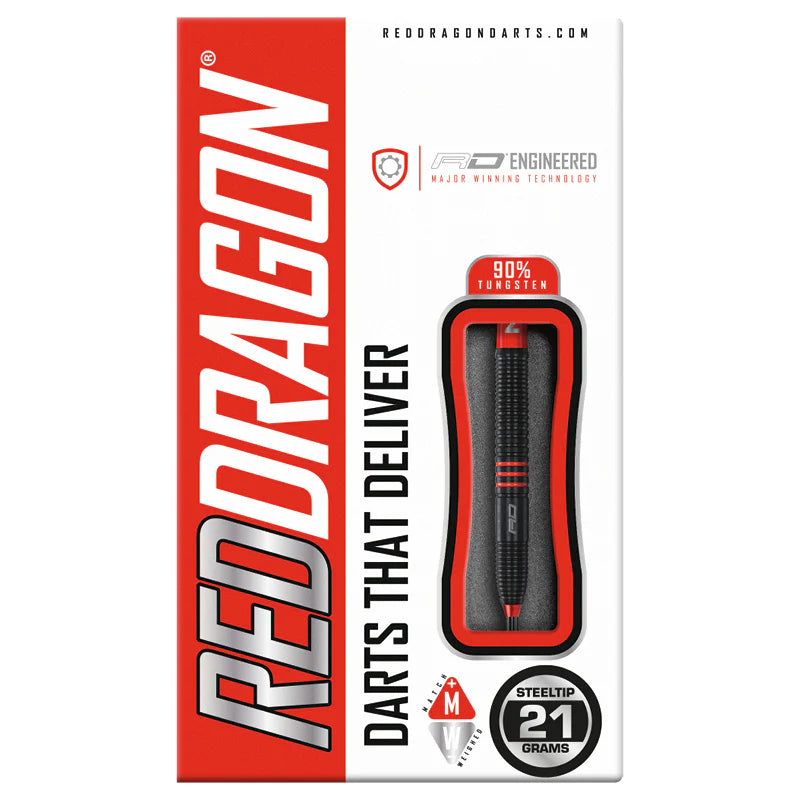 21g steel tip tungsten dart in retail box packaging, front view showing barrel texture and red-black color design