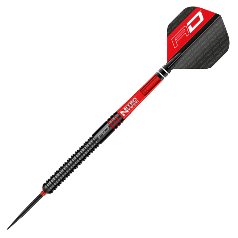 Full view tungsten dart with black ringed grip barrel, red shaft, and textured red-black dart flight on white background