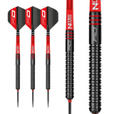 Three tungsten darts with red and black flights, plus close-up of grooved barrel grip and shaft, isolated on white background